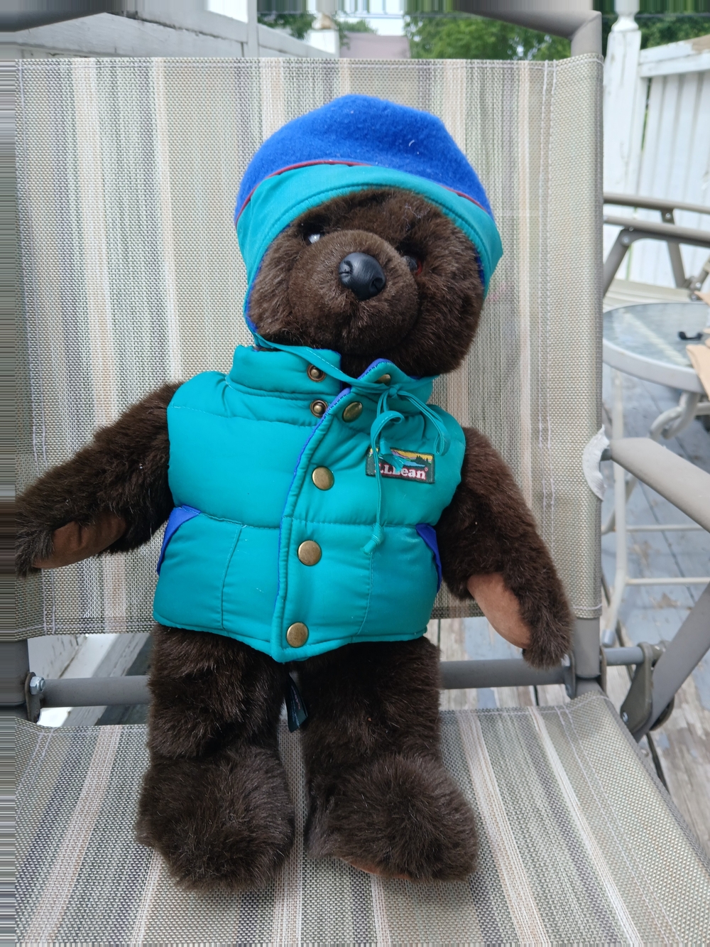 L.L. Bean Brown Bear Plush in Teal Puffer Vest and Blue Hat